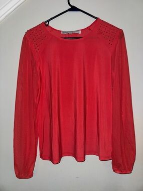 Studded Shoulder Long-Sleeve blouse in coral with studded shoulders